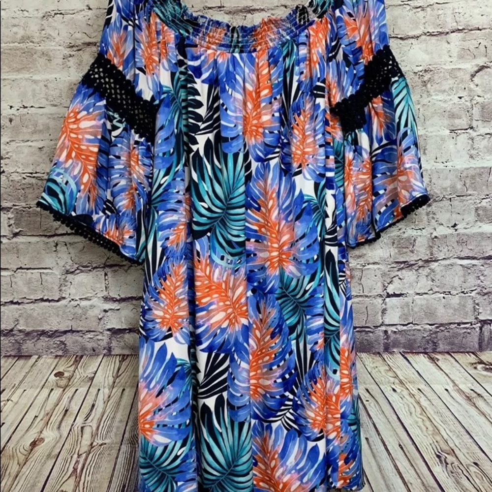 Jennifer Lopez Womans Floral Tropical Print Off The Shoulder Lined Dress Size L